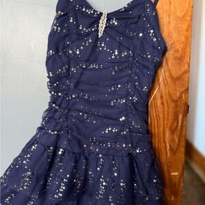 Weissman Navy Sequin Dress with Rhinestone Accent